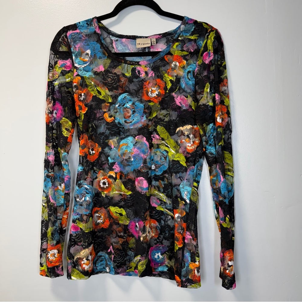 Decoded VTG Y2K Black Floral Long‎ Sleeve Mesh Top Size Large